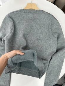 Chiquease Nuevo suéter de cuello redondo de manga larga con forro térmico para mujer - Gris - Ver 2