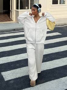 SHEIN EZwear 女士休闲宽松运动衫套装，浅灰色，秋季 - 淺灰色 - 查看 4