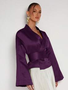 COSMINA Áo cánh dài tay thanh lịch màu trơn cổ chữ V dành cho nữ - Màu tím - Xem 4