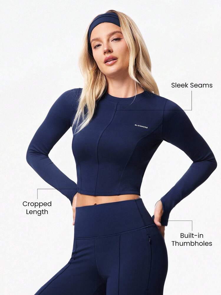 FeatherFit™-Warm Seam Dream Soft Warm Chill Stretchy Thumbholes Front Back Seam Detailing Cropped Crewneck Long-Sleeve Top  Daily Casual Spring Summer