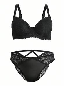 2pcs Plus Size Lace Contrast Mesh Underwire Bra Set, Lift - Black - View 6
