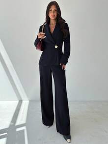 Firerie Bộ vest hai mảnh thời trang tối giản, thoải mái, có ve áo kim loại, tay dài và quần cạp cao, màu tím cà tím, thu/đông - Màu xanh hải quân - Xem 8