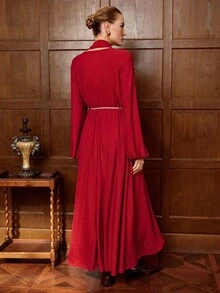Aalyst Damen glänzendes, elastisches Kleid mit V-Ausschnitt, ärmellos, geraffter Taille und Metallic-Ketten-Gürtel, elegantes, vintage französischer Street-Style Maxikleid, geeignet für Weihnachten, Halloween, Thanksgiving, Nachmittagstee-Party, Herbst/Winter - Bordeaux - Übersicht 2