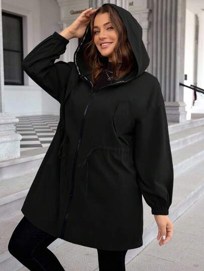 SHEIN LUNE Plus Size Plain Color Hooded Zipper Front Casual Long Sleeve Jacket Plus Size Fall Clothes Black Jacket Plus Size Jacket Plus Size Women Plus Size Winter Clothes Plus Size Jacket Coats For Women Plus