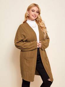 SHEIN LUNE Plus Size Solid Color Front Open Pocket Long Sleeve Jacket, Autumn/Winter - Coffee Brown - View 5