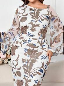 Modelyn 加大码花卉印花优雅弹力长袖连衣裙 - 白色 - 查看 1