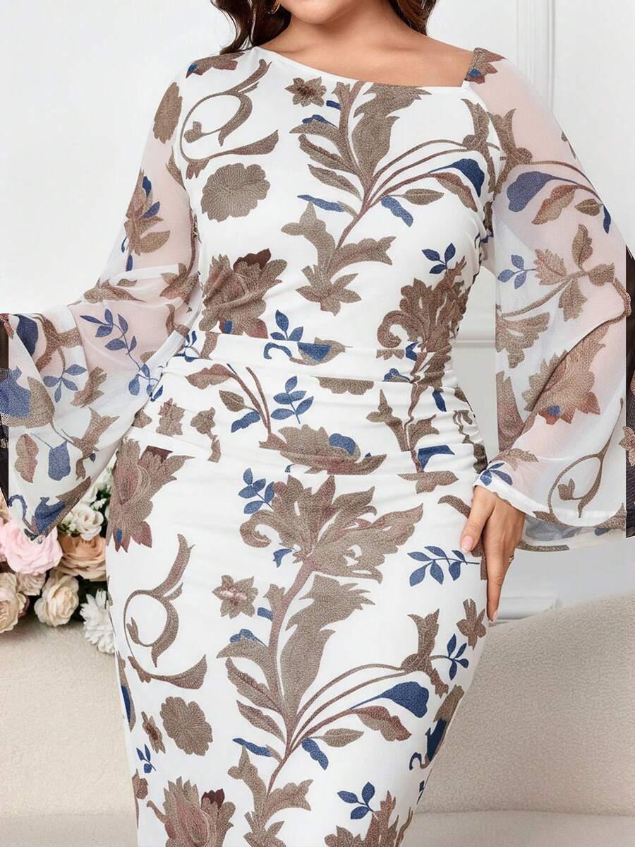 Modelyn 加大码花卉印花优雅弹力长袖连衣裙 - 白色 - 查看 1