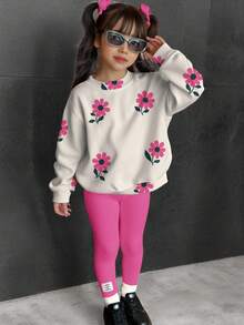 SHEIN Bộ 2 món/Bộ áo nỉ dài tay cổ tròn in họa tiết hoa cổ điển thường ngày cho bé gái, phù hợp cho mùa thu/đông - Nhiều màu - Xem 2