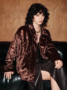 Zovinel 女士纯色天鹅绒夹克，时尚街头风格翻领天鹅绒夹克，冬季 - 棕色 - 查看 7