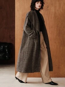 Chiquease Uhlyne 女士简约人字纹长款开衫，羊毛混纺，舒适、休闲、优雅，百搭通勤、办公室、教堂、返校、商务休闲，配有腰带和口袋 - 彩色 - 查看 1