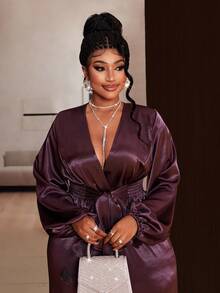 Maweii Plus Size Ladies Elegant Party Solid Color Elegant Delicate Long Sleeve Two-Piece Set - Purple - View 7