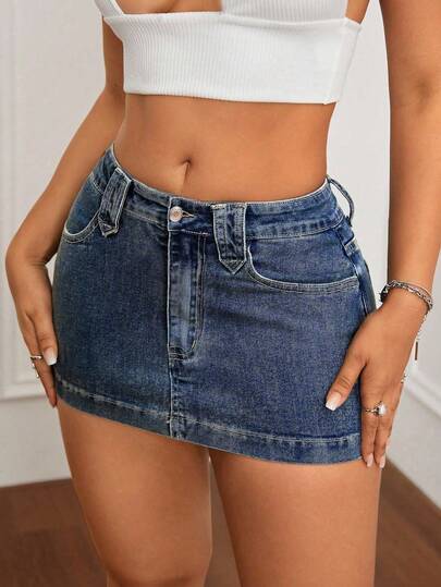 SHEIN ICON Plus Size Women Y2K Fashion Casual Versatile Elastic Mini Skirt