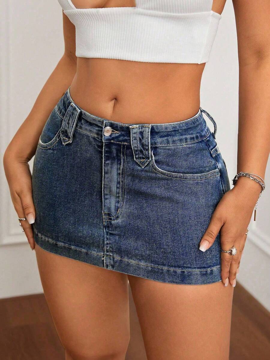 SHEIN ICON Plus Size Women Y2K Fashion Casual Versatile Elastic Mini Skirt - Medium Wash - View 1