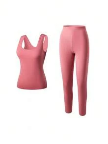 LUVLETTE Plus Women's Thermal Underwear Ultra-Soft Base Layer Cold Weather Warm Winter PJ Set Round-Neck Innerwear Vest And Long Bottoms -Brownish Red Lightweight And Warm Set Pajama Sets