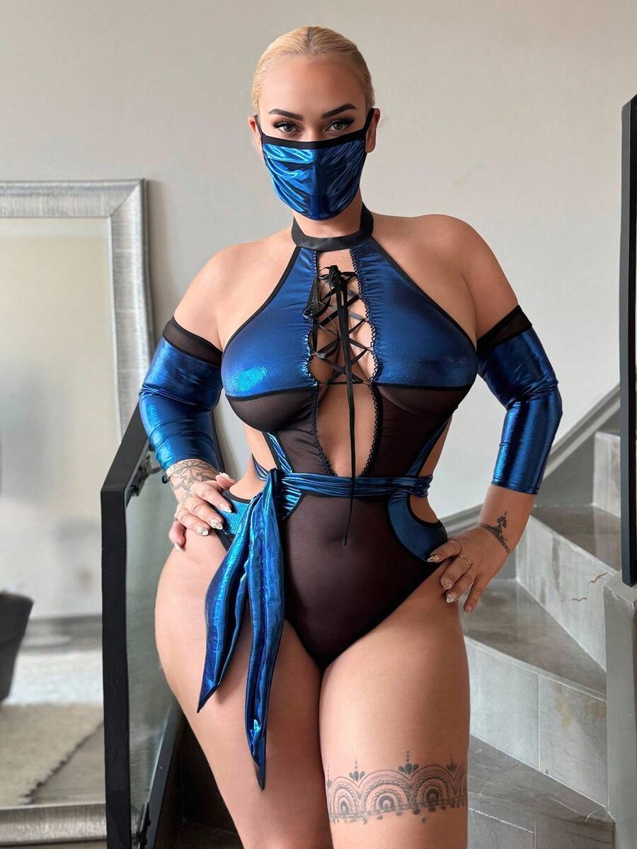 Fantasy Costume Plus Size Contrast Color Patchwork Sexy Lingerie Set, 4pcs