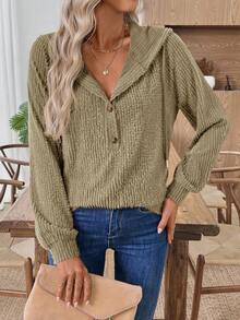 EMERY ROSE 女士纽扣连帽休闲长袖套头衫运动衫秋冬女装 - 綠色 - 查看 4