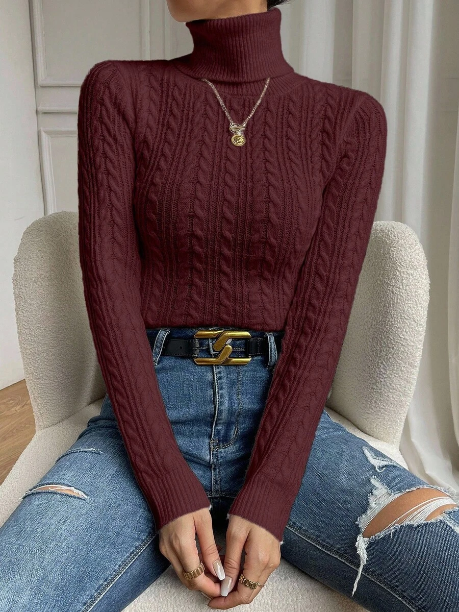 RosyDaze Women's Solid Color High Neck Regular Shoulder Long Sleeve Casual Cable Knit Pullover Sweater - Burgundy - View 1