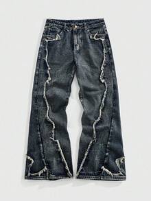 ROMWE MEN Street Life Herren Lässig Mode Straße Vintage Rohe Kante Weite Loose-Fit Jeans - Blau - Übersicht 9