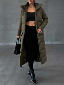 EURMUSE LONG WINTERCOAT With Big Pocket Detail - Khaki - View 3