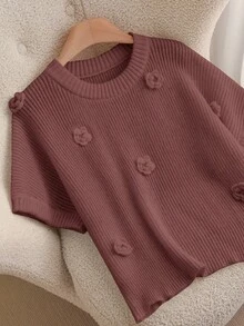 CosyJoli Plus Size Casual Elegant 3D Floral Round Neck Batwing Sleeve Loose Pullover Sweater,Slightly Sheer - Rust Brown - View 5