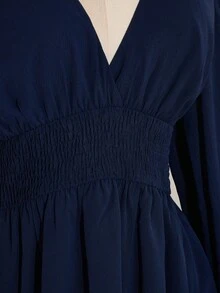 SHEIN ICON 女士西部风纯色深褶皱收腰喇叭袖时尚迷你连衣裙长袖蓝色连衣裙灯笼袖连衣裙藏蓝色连衣裙春夏款 - 藏蓝色 - 查看 7