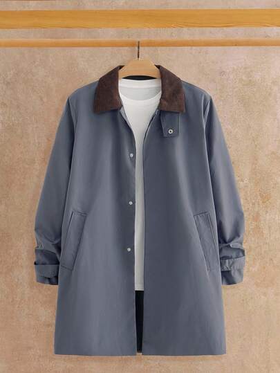 Manfinity NXTstreet Men's Autumn/Winter Patchwork Turndown Collar Mid-Length Windbreaker, Suitable For Daily Wear Flannel