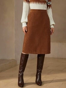 Wildy High Waist Slant Pocket Corduroy Skirt