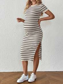 SHEIN Pregnancy Casual Color Block Stripe Side Slit Fitted Midi Dress Maternity Dress - Khaki - View 6