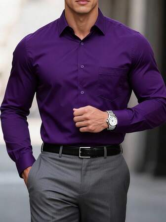 Manfinity Mode Camisa casual de negocios de manga larga con botones y unicolor para hombres de talla grande, otoño