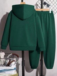 SHEIN Tween Boy 2 Pieces Hoodie & Sweatpants Set, Versatile All-Match, Suitable For Autumn/Winter - Dark Green - View 2
