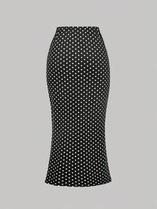 SHEIN MOD Women's 3D Floral Decor Low Waist Ruched Slit Fitted Pencil Skirt,Black White Polka Dot,Autumn,Elegant,Party,Christmas Elegant Split Skirts - Black and White - View 5