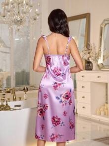 LuxeNights Floral Print Faux Silk Ruffle Hem Women Nightgown - Purple - View 2