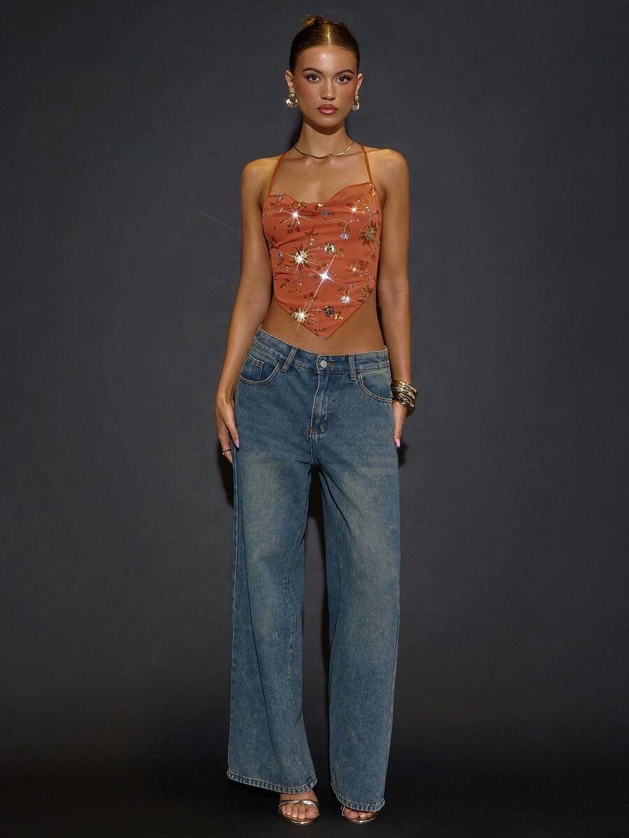 SHEIN BAE 女士性感露背串珠刺绣上衣，适合夜店、音乐节、派对、鸡尾酒会、浪漫约会、万圣节、圣诞节 - 橘色 - 查看 1