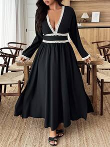 Weeklong Plus Size Elegant Sexy Contrast Color Lace Trim Deep V-Neck Slit Dress Fall Cloth For Women - Black - View 6