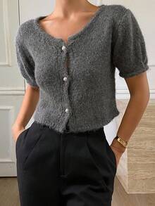 DAZY Women's Solid Color Single-Breasted Short Puff Sleeve Casual Knit Cardigan, Autumn/Winter - Grey - View 4