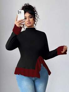 Elenzga Áo thun nữ cỡ lớn màu tương phản kiểu Pháp thanh lịch, viền cánh hoa màu trắng, áo chui đầu cổ đứng, thích hợp mặc làm lớp lót mùa đông, mặc riêng mùa thu/xuân, thời trang tối giản và trẻ trung - Nhiều màu - Xem 1