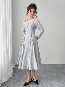 青少年女孩圆领针织休闲罗纹拼布开衩长袖紧身连衣裙，适合春秋季节日常休闲穿着 - 淺灰色 - 查看 4