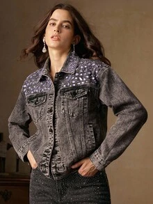 Anewsta Giacca di jeans nera con decorazioni di diamanti, adatta per autunno/inverno, Natale, Capodanno, feste, elegante, di lusso, formale, chic, laurea - nero - Visualizzare 6