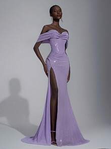 Elitara Elegant And Gorgeous Purple Sequined One-Shoulder Hand-Pleated Pearl Embellishment Fishtail Style Side High Slit Suitable For Wedding Events, Autumn And Winter Party Dresses, Wedding Guests, Women's Luxury Evening Dresses, Halloween And Christmas Dresses