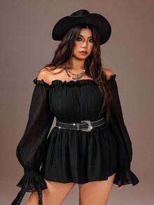 Rustia Plus Size Women Solid Color Casual Minimalist Off-Shoulder Blouse - Black - View 4