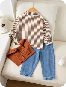 SHEIN 3pcs Baby Boy Casual Striped Shirt, Brown Shawl, Blue Denim Pants Set, Suitable For Birthday Party, Rave, Evening Party, Performance, Wedding, Baby's 1st Month, Baptism And 1st Birthday Celebration, My First Christmas Kindergarten Fall Winter - Multicolor - View 2
