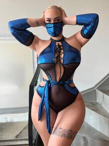 Fantasy Costume Plus Size Contrast Color Patchwork Sexy Lingerie Set, 4pcs