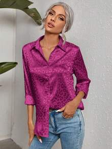 SHEIN Clasi 女士时尚休闲纽扣长袖有领梭织衬衫 - 中紫紅色 - 查看 6