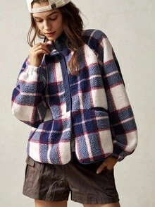 Bohemela 大码格子印花前扣长袖夹克，秋冬 - 彩色 - 查看 9