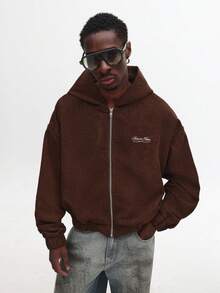 SUMWON Crop Fit Corduroy Full Zip Hoodie Vintage Classic Winter Jacket With Centre Pockets And Drawstring Hood Plain - Brown - View 1