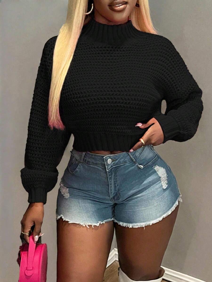 BamGleam Pulover de damă, Top de damă, Mâneci lungi tricotate, Model cu valuri, Model orizontal, Decolteu rotund, Roz, Scurt, Sexy, Lejer, Adunare prietenoasă, Four Seasons, Îmbrăcăminte de damă de toamnă și iarnă - Negru - Vizualizare 1