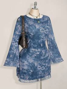 SHEIN ICON 大码女装秋季连衣裙，女士长袖连衣裙，Y2k 复古佩斯利网眼喇叭袖性感节日连衣裙，适合日常穿着 - 藍色 - 查看 4