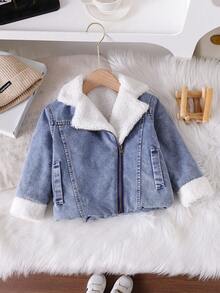 SHEIN 年轻女孩休闲酷蓝牛仔拼布白色保暖内衬保暖夹克，秋冬 - 中等水洗藍 - 查看 5