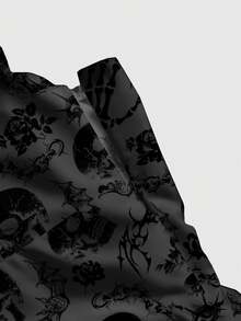 ROMWE Goth 哥特式暗棘黑色和灰色骷髅玫瑰花卉全身印花浪漫波西米亚风性感细肩带低胸连衣裙 - 黑色 - 查看 3