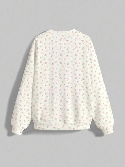 Kawaii Sweat-shirt-shirt à col rond à manches longues avec imprimé floral tout-sur-tout, mignon et innocent, convenant à l'automne/l'hiver/le printemps pour femmes